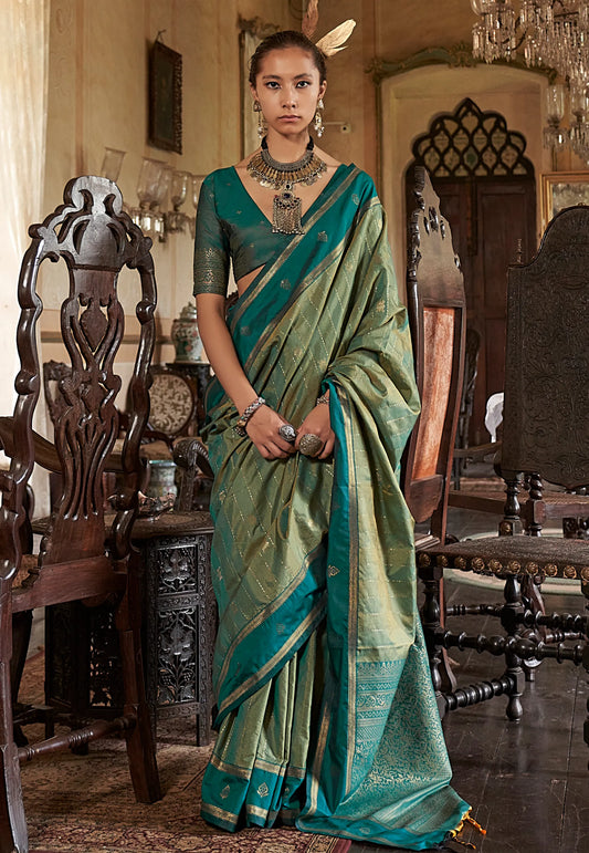 Green Kanjivaram Silk Saree With Blouse Piece - Adi Akshoy & Co.