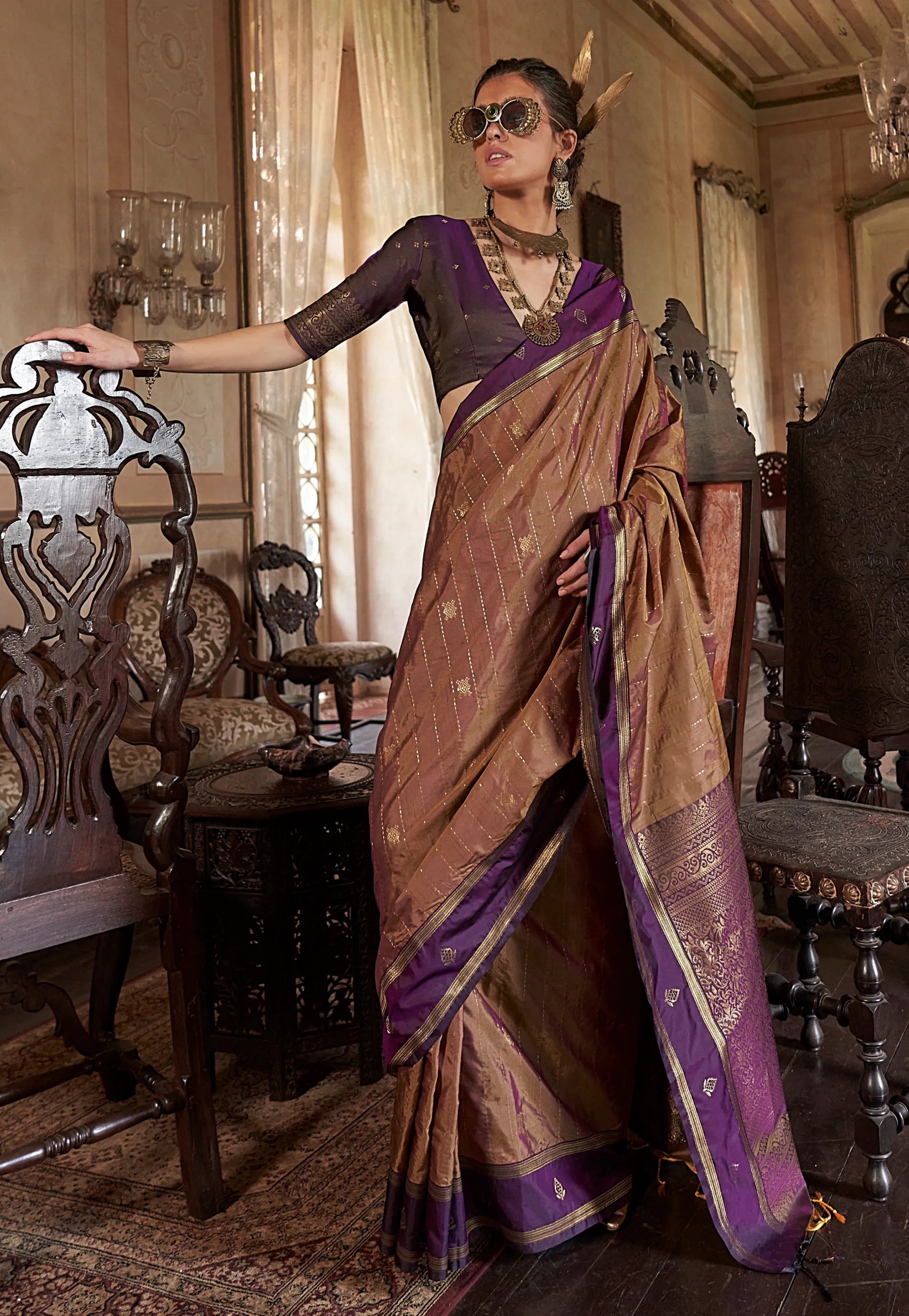 Brown Kanjivaram Silk Saree With Blouse Piece - Adi Akshoy & Co.