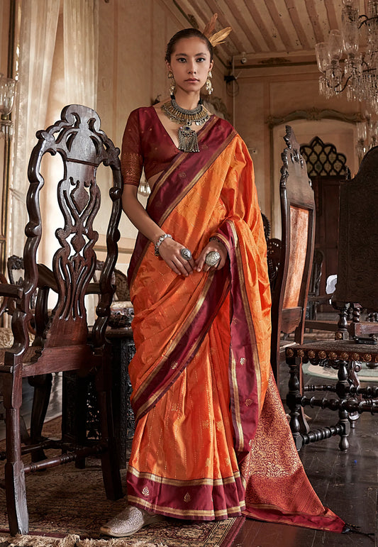 Orange with Maroon Border Kanjivaram Silk Saree With Blouse Piece - Adi Akshoy & Co.