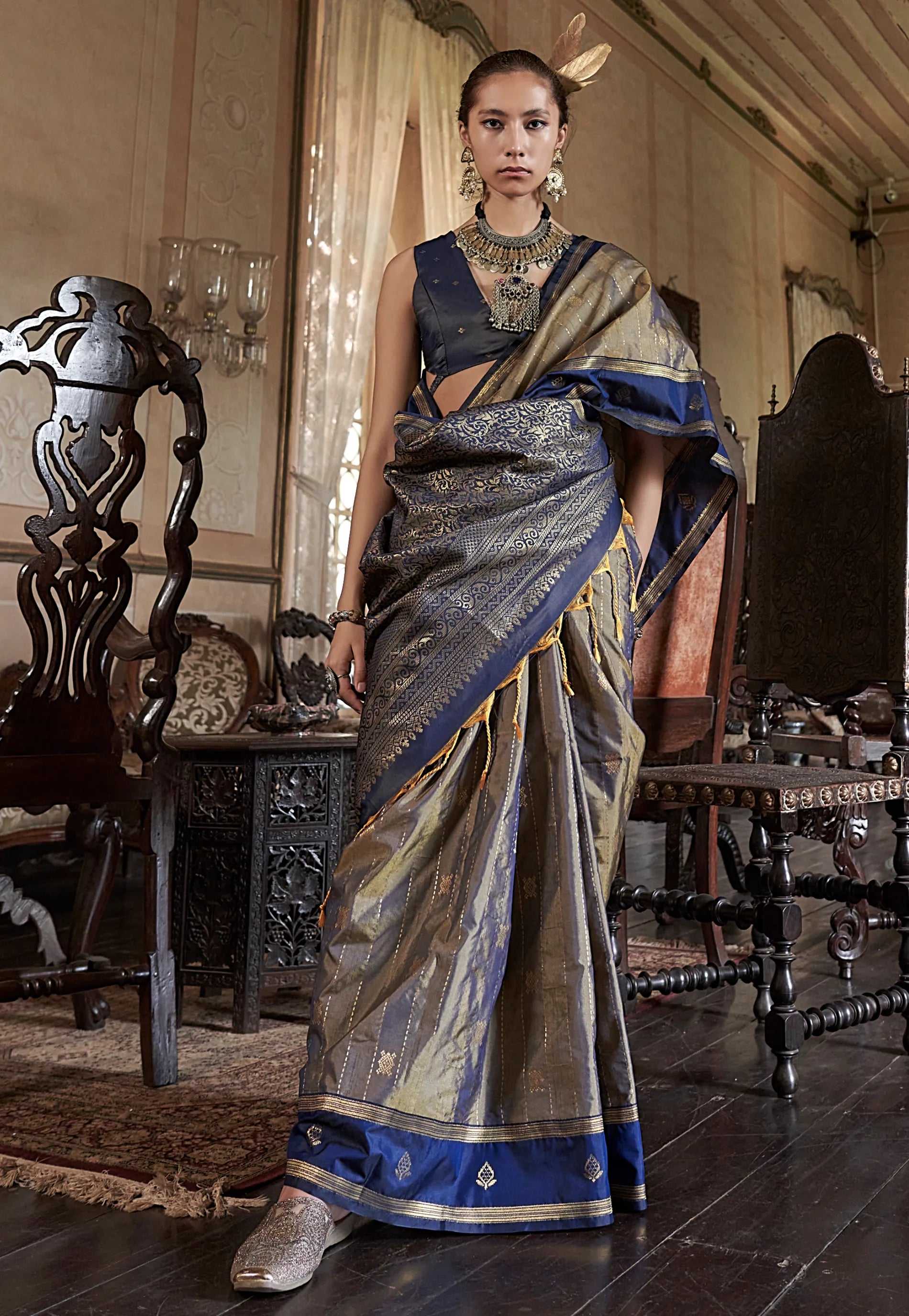 Grey with Blue Border Kanjivaram Silk Saree With Blouse Piece - Adi Akshoy & Co.