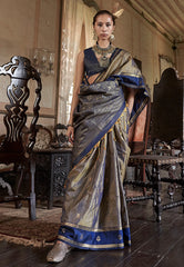 Grey with Blue Border Kanjivaram Silk Saree With Blouse Piece - Adi Akshoy & Co.