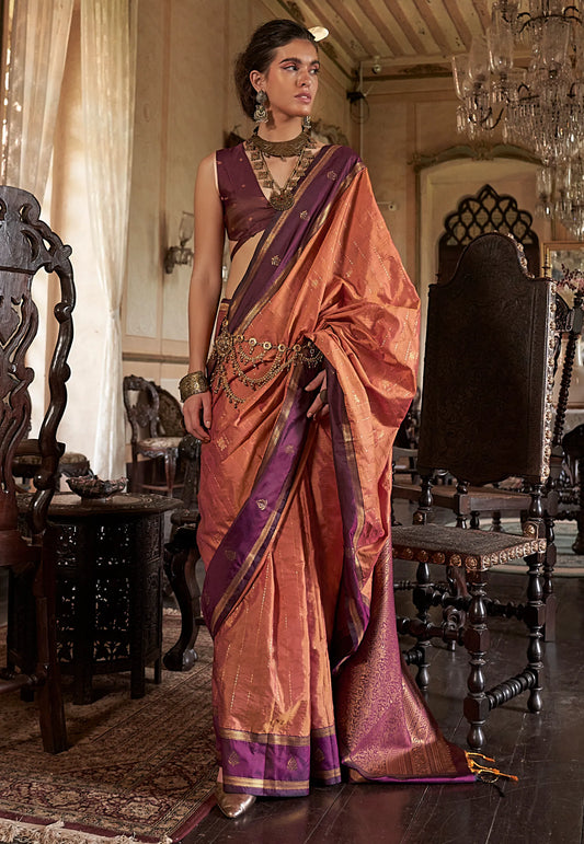 Orange with Maroon Border Kanjivaram Silk Saree With Blouse Piece - Adi Akshoy & Co.