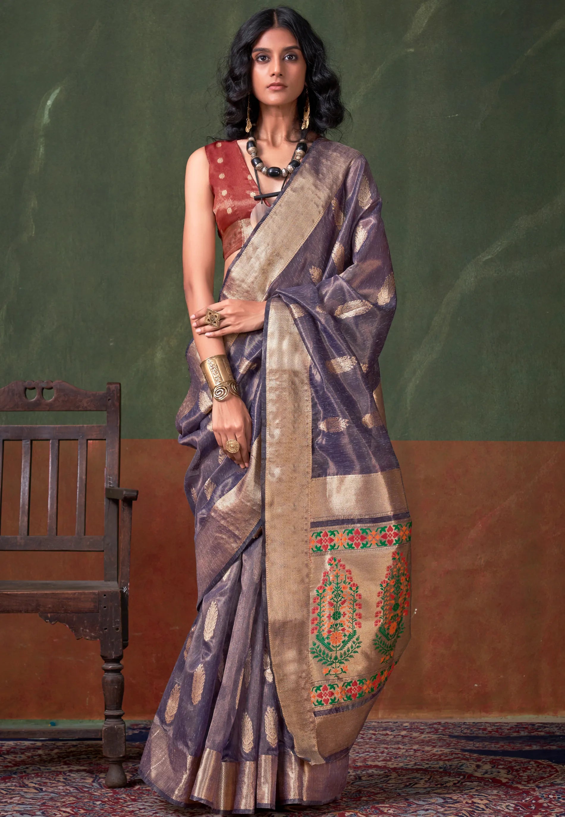 Purple Tussar with Zari Tissue Silk Saree with Blouse Piece - Adi Akshoy & Co.