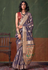 Purple Tussar with Zari Tissue Silk Saree with Blouse Piece - Adi Akshoy & Co.