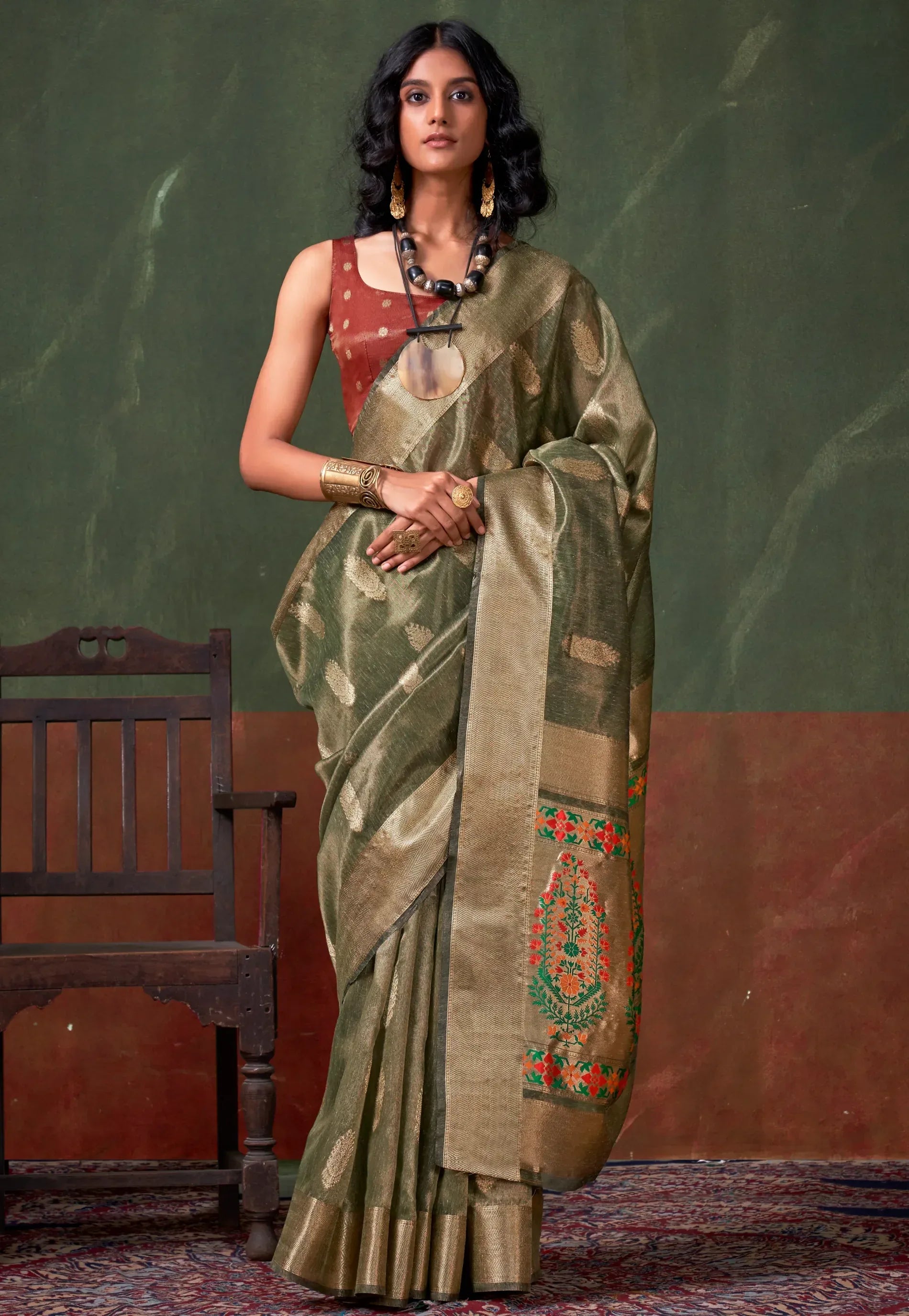 Pista Green Tussar with Zari Tissue Silk Saree with Blouse Piece - Adi Akshoy & Co.