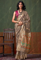 Grey Tussar with Zari Tissue Silk Saree with Blouse Piece - Adi Akshoy & Co.