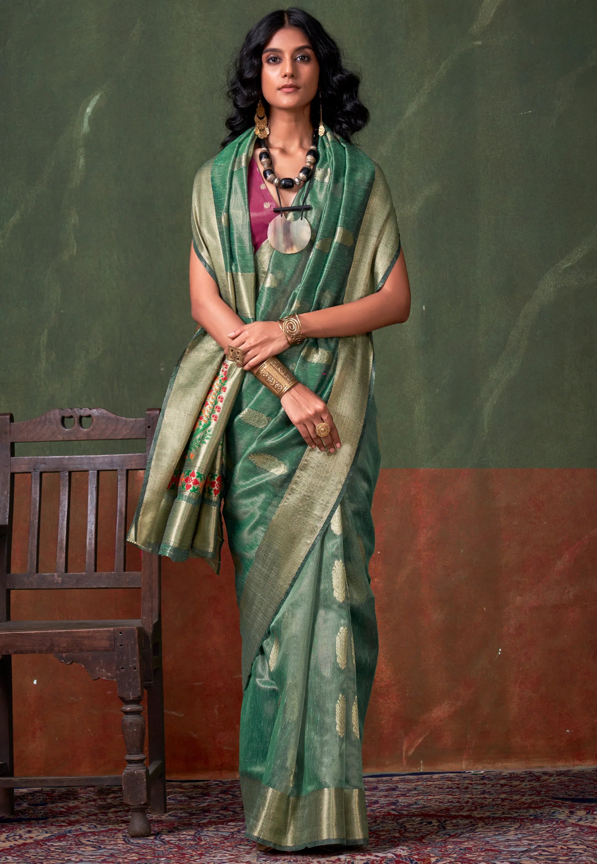 Green Tussar with Zari Tissue Silk Saree with Blouse Piece - Adi Akshoy & Co.