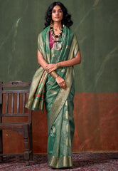 Green Tussar with Zari Tissue Silk Saree with Blouse Piece - Adi Akshoy & Co.