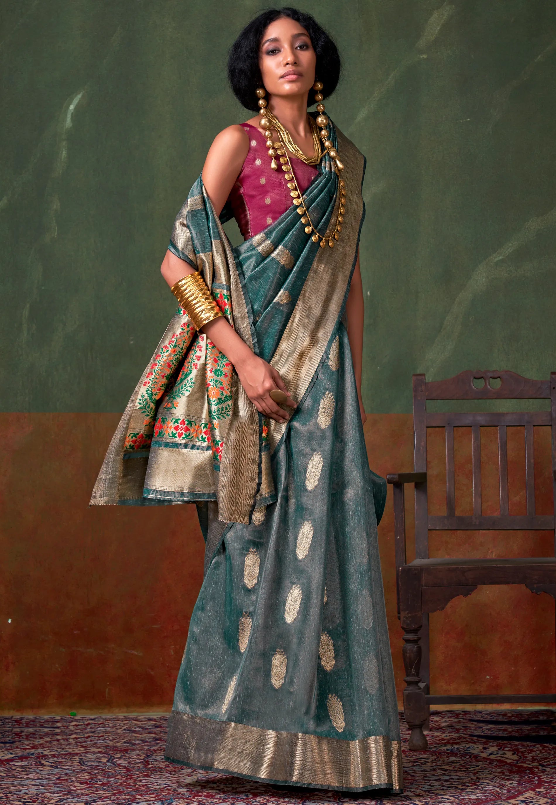 Bottle Green Tussar with Zari Tissue Silk Saree with Blouse Piece - Adi Akshoy & Co.