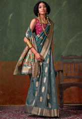 Bottle Green Tussar with Zari Tissue Silk Saree with Blouse Piece - Adi Akshoy & Co.