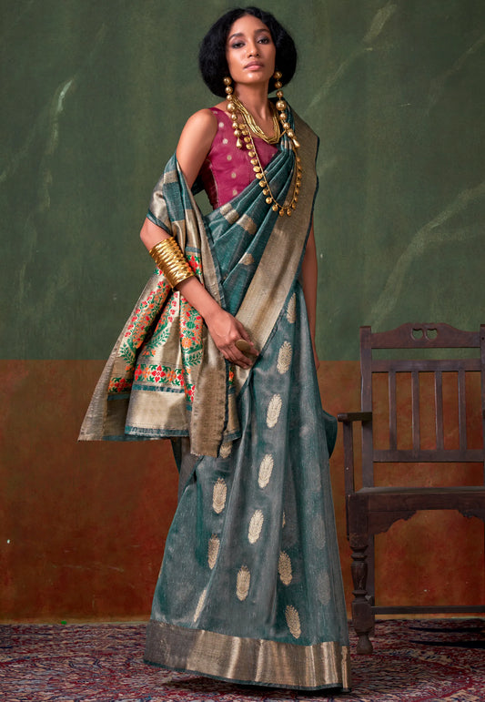 Bottle Green Tussar with Zari Tissue Silk Saree with Blouse Piece - Adi Akshoy & Co.
