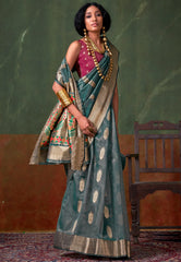 Bottle Green Tussar with Zari Tissue Silk Saree with Blouse Piece - Adi Akshoy & Co.