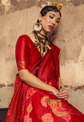 Red Tussar Silk Saree with Blouse Piece - Adi Akshoy & Co.