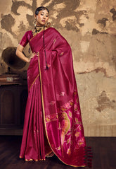 Magenta Tussar Silk Saree with Blouse Piece - Adi Akshoy & Co.