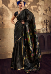 Black Tussar Silk Saree with Blouse Piece - Adi Akshoy & Co.