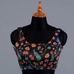 Black Sleeveless Blouse with Multi Colour Embroidery Work with U- Neck - Adi Akshoy & Co.