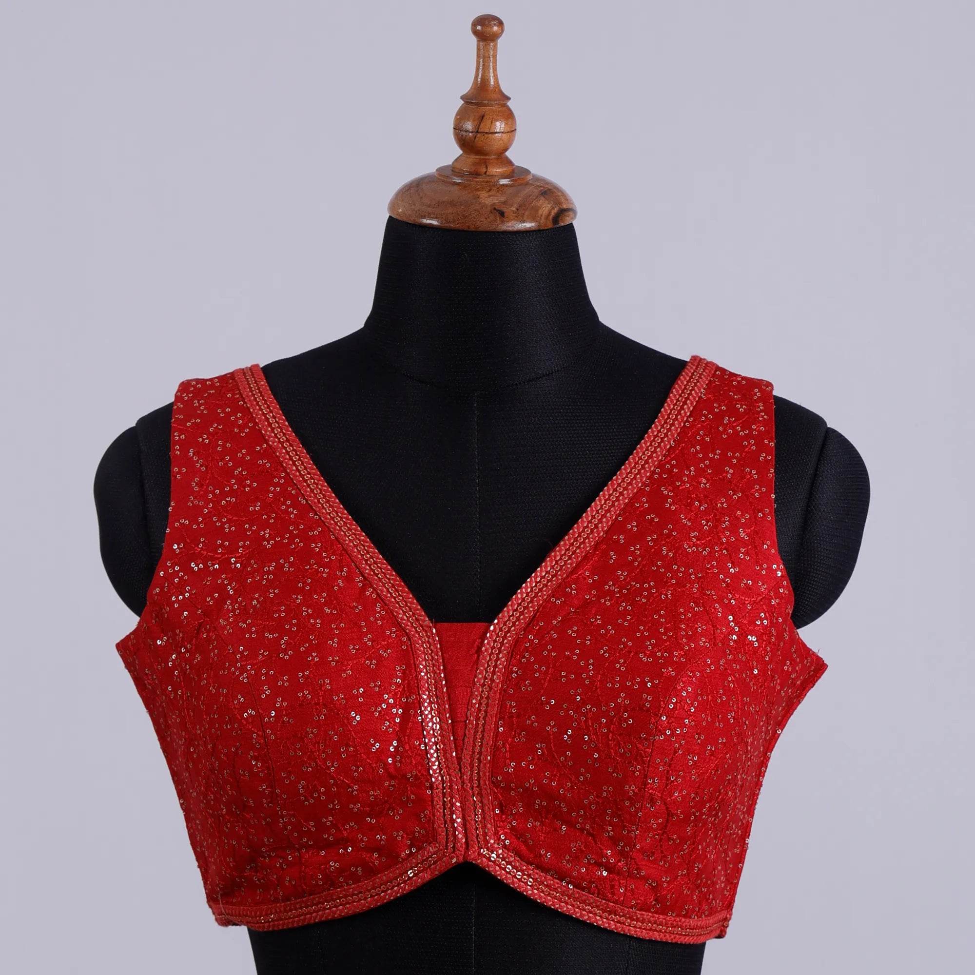 Red Sleeveless Bouse with Embroidery with V Neck - Adi Akshoy & Co.
