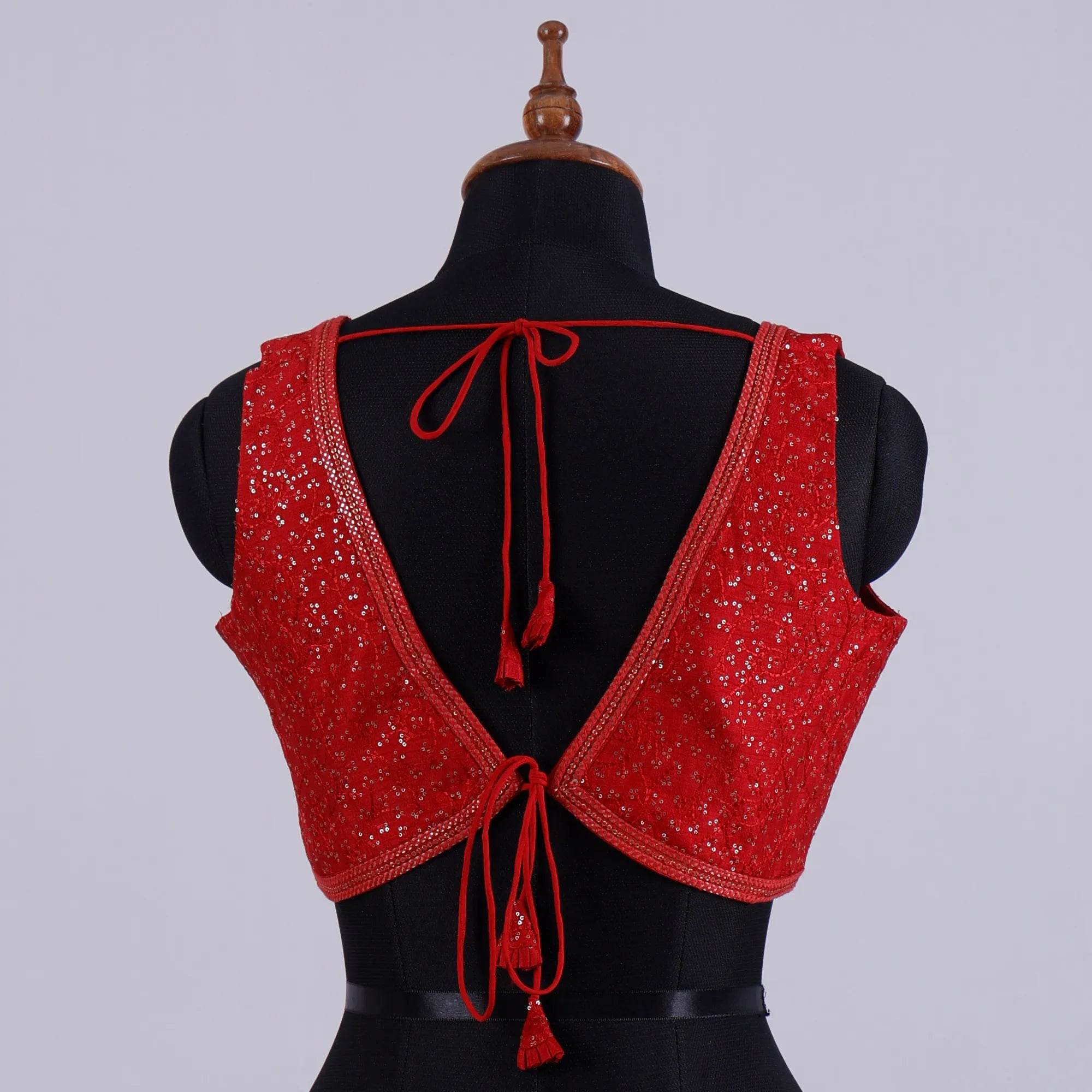 Red Sleeveless Bouse with Embroidery with V Neck - Adi Akshoy & Co.