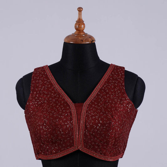 Maroon Sleeveless Bouse with Embroidery with V Neck - Adi Akshoy & Co.