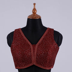 Maroon Sleeveless Bouse with Embroidery with V Neck - Adi Akshoy & Co.