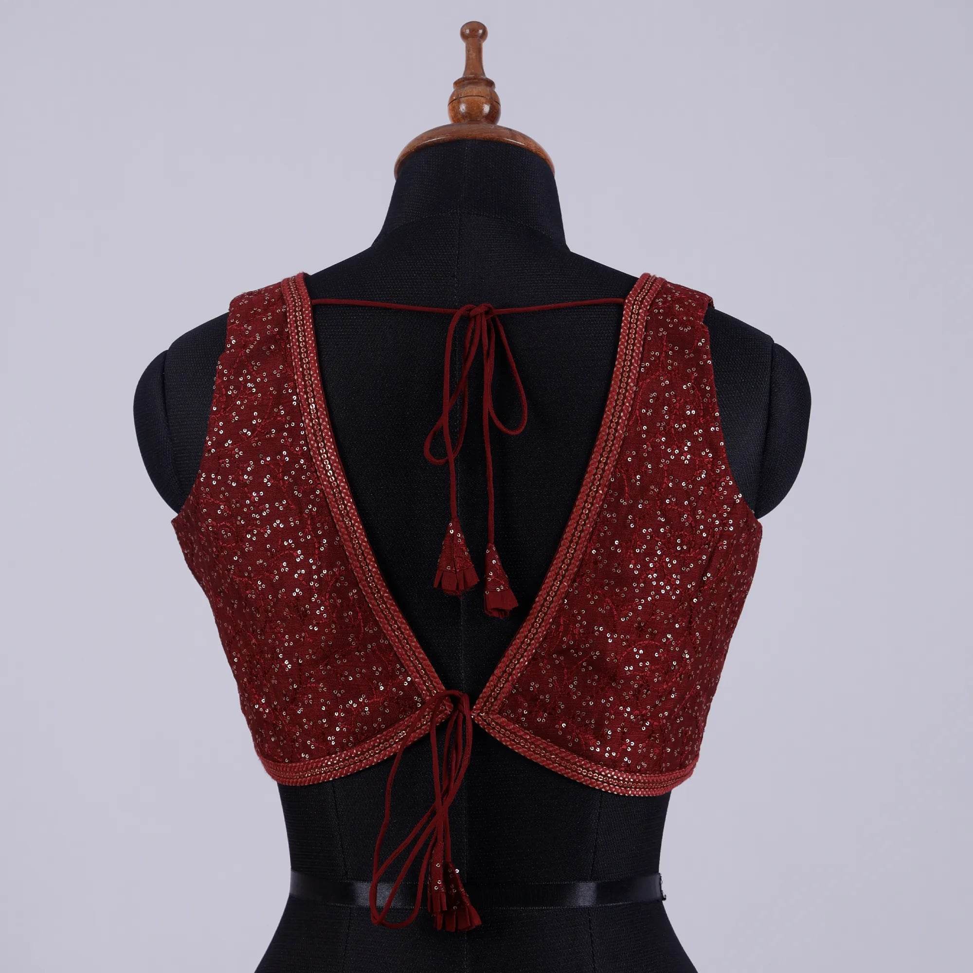 Maroon Sleeveless Bouse with Embroidery with V Neck - Adi Akshoy & Co.