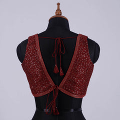 Maroon Sleeveless Bouse with Embroidery with V Neck - Adi Akshoy & Co.