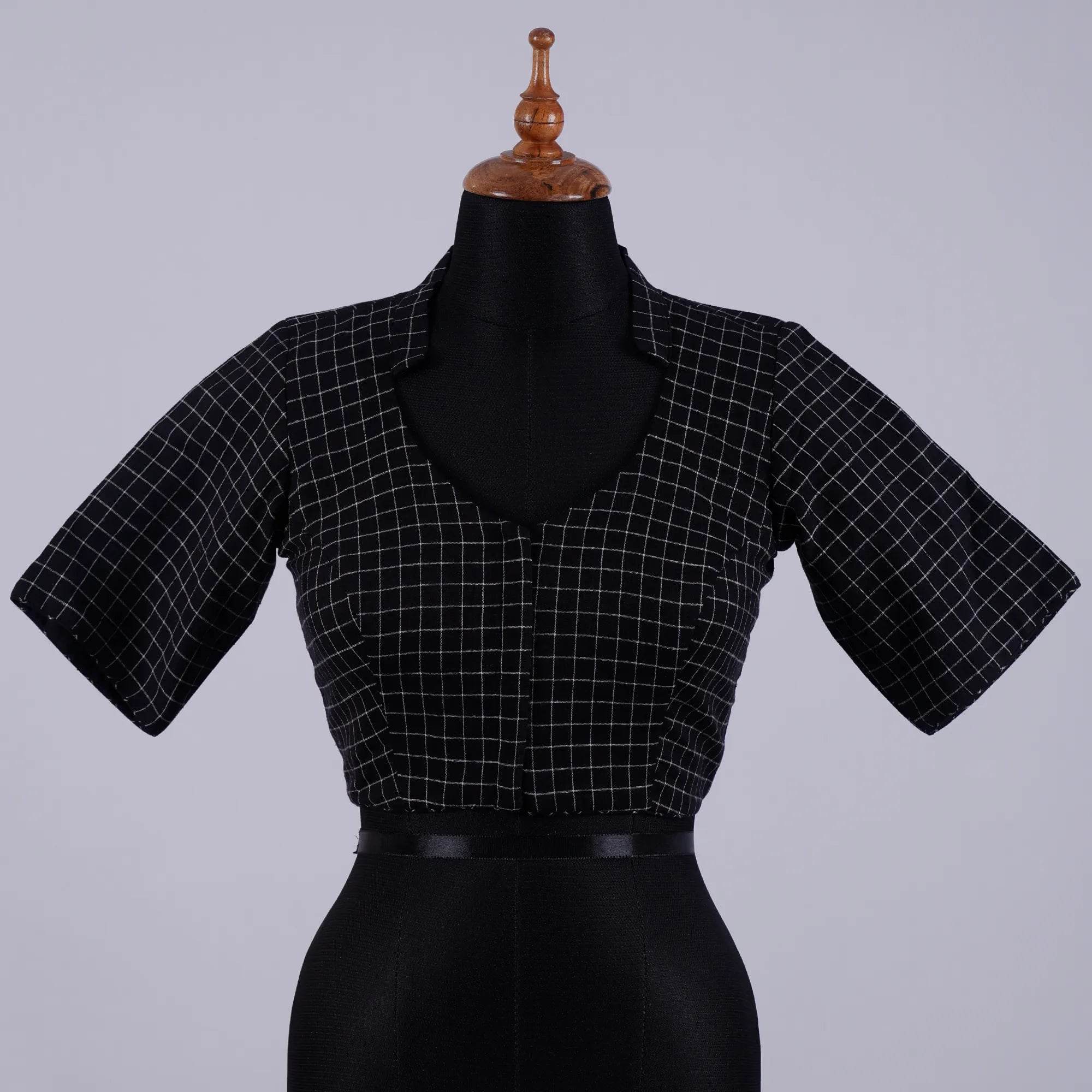 Black Checks Cotton Blouse with High Neck - Adi Akshoy & Co.