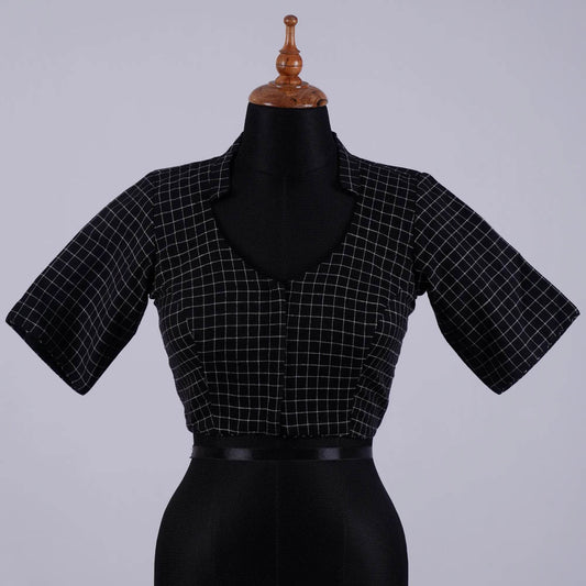 Black Checks Cotton Blouse with High Neck - Adi Akshoy & Co.