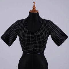 Black Checks Cotton Blouse with High Neck - Adi Akshoy & Co.