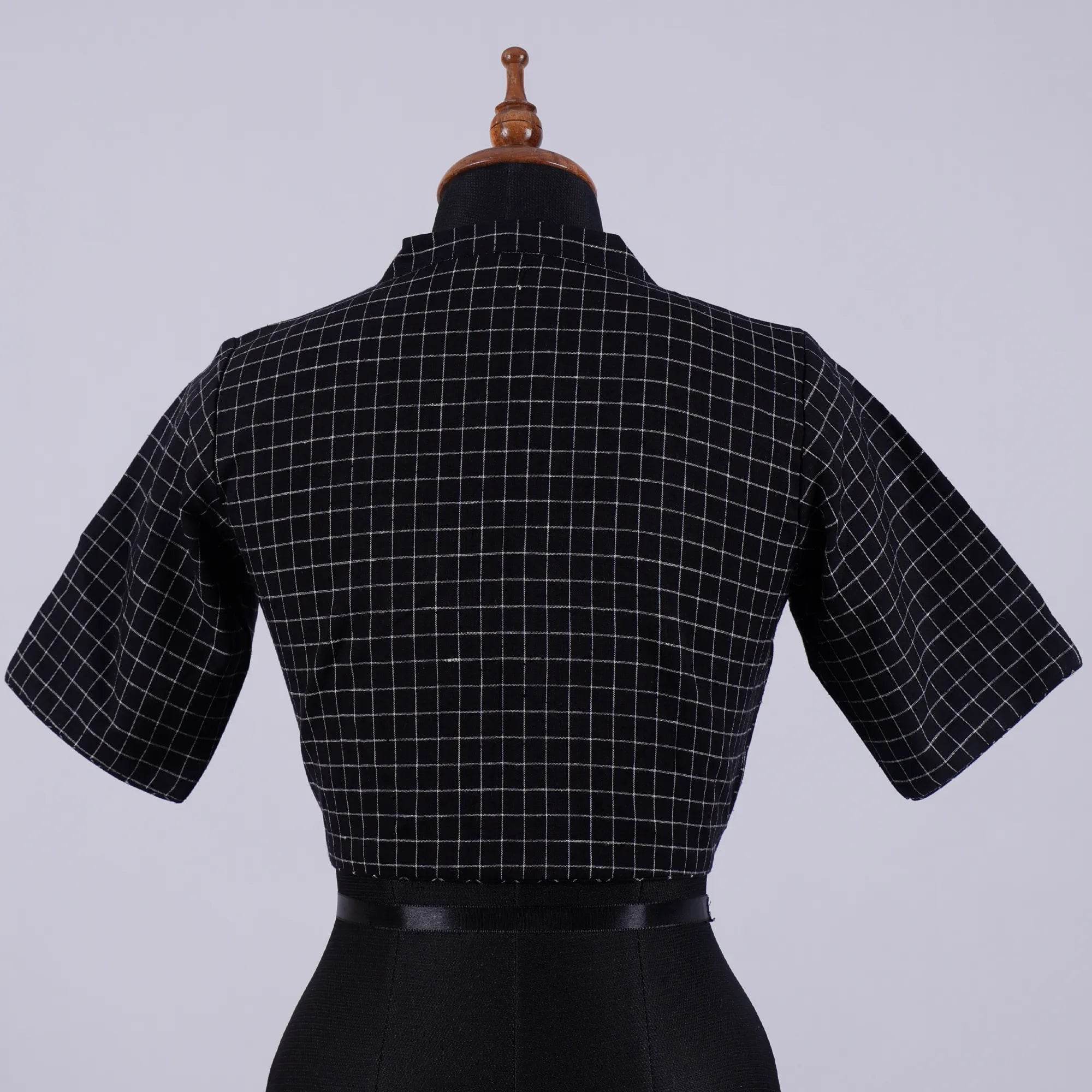 Black Checks Cotton Blouse with High Neck - Adi Akshoy & Co.
