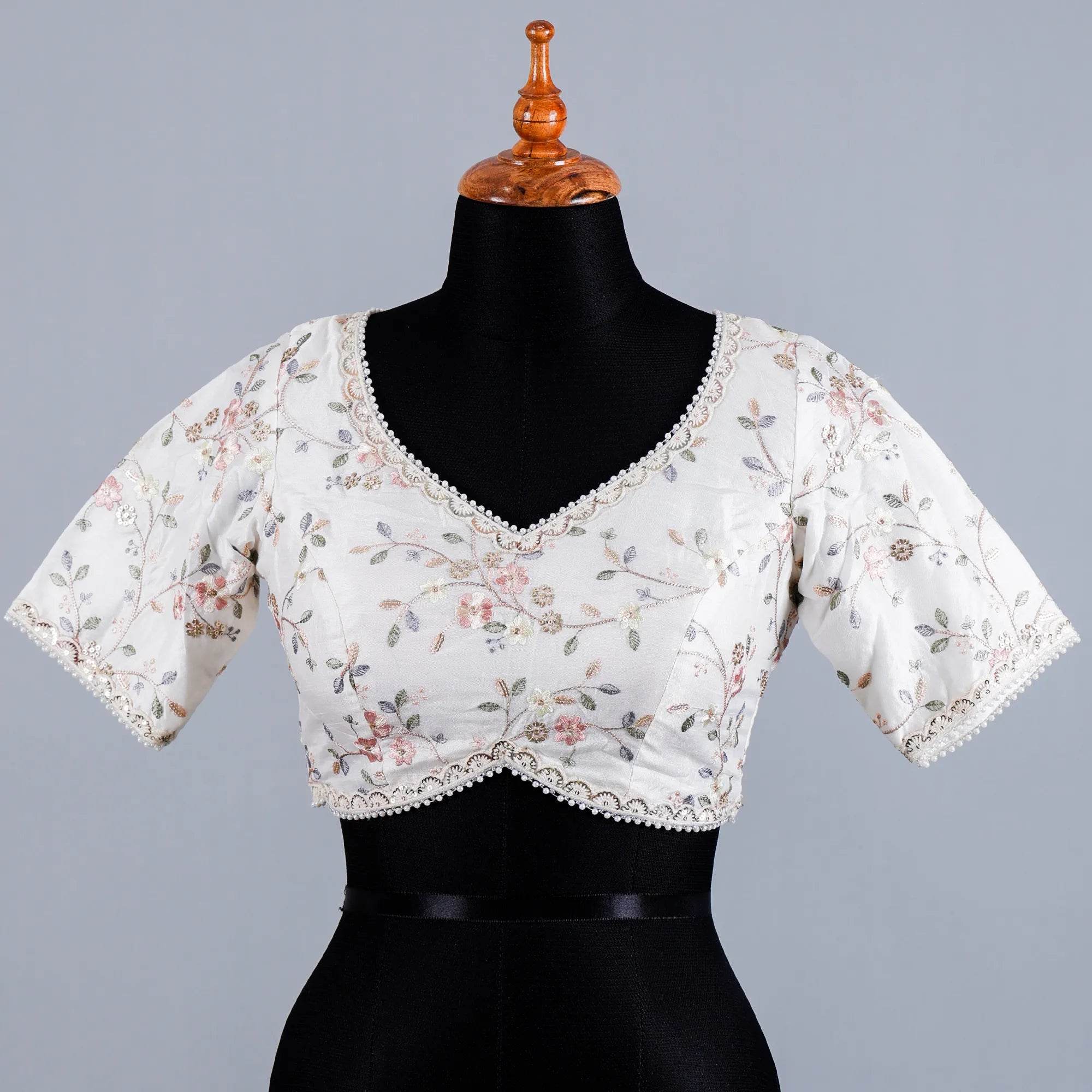 White Silk Blouse with Embroidery Work with Sweetheart Neck - Adi Akshoy & Co.