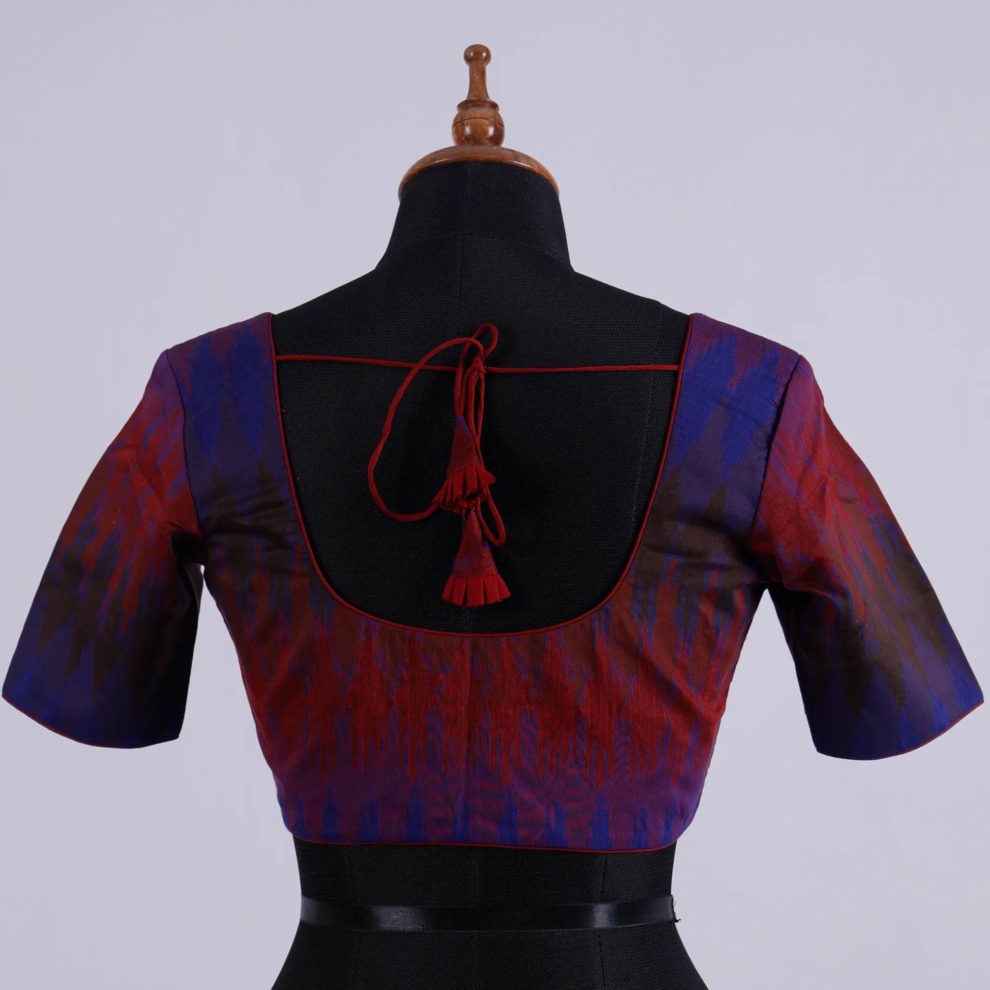 Maroon Ikkat Cotton Blouse with Round Neck - Adi Akshoy & Co.