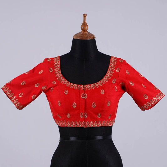 Red Silk Blouse with Zari Embroidery with Round Neck - Adi Akshoy & Co.