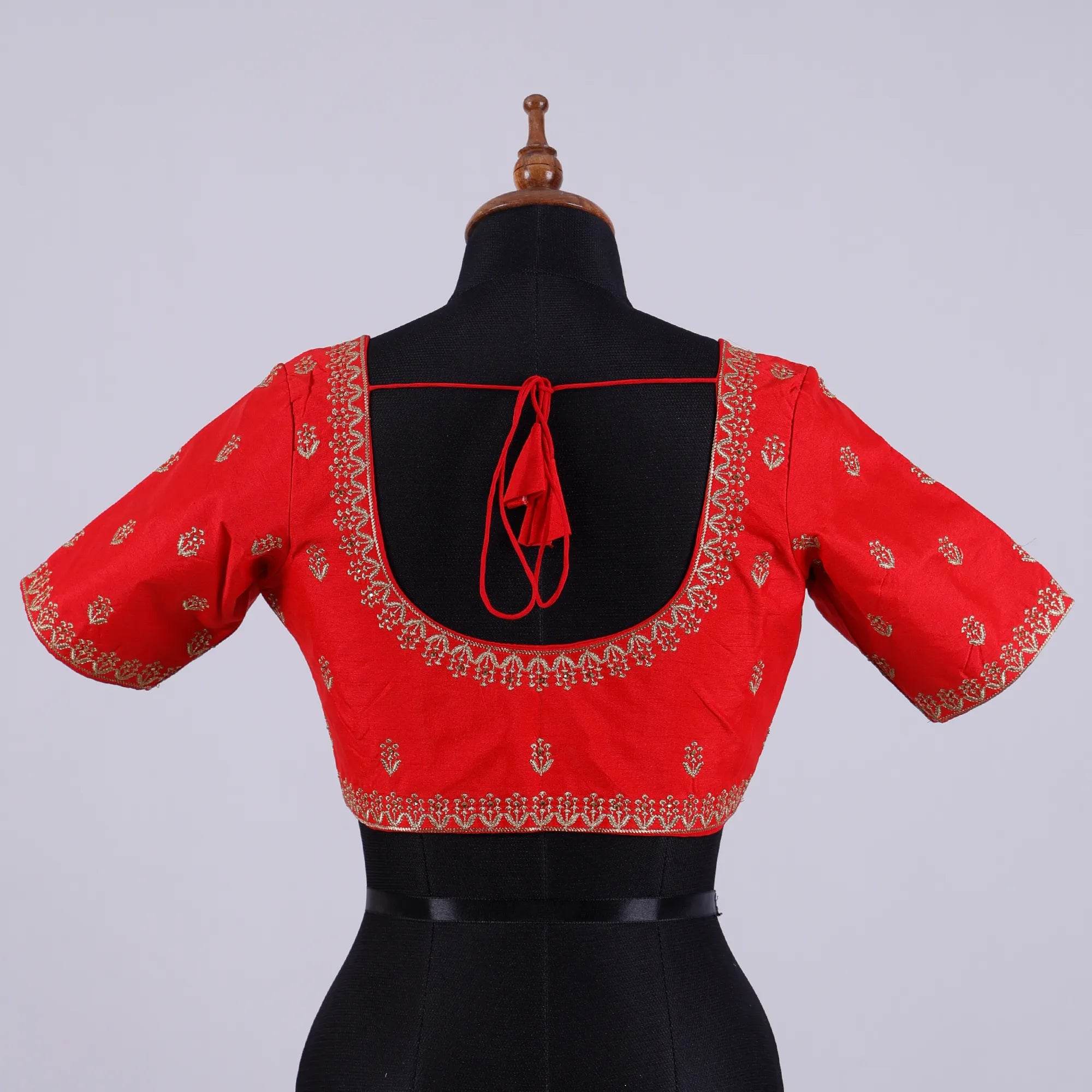 Red Silk Blouse with Zari Embroidery with Round Neck - Adi Akshoy & Co.