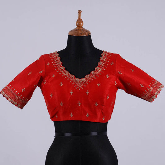 Red Silk Blouse with Zari Embroidery with Sweetheart Neck - Adi Akshoy & Co.