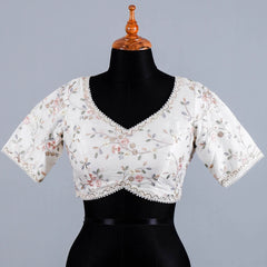 White Silk Blouse with Embroidery Work with Sweetheart Neck - Adi Akshoy & Co.