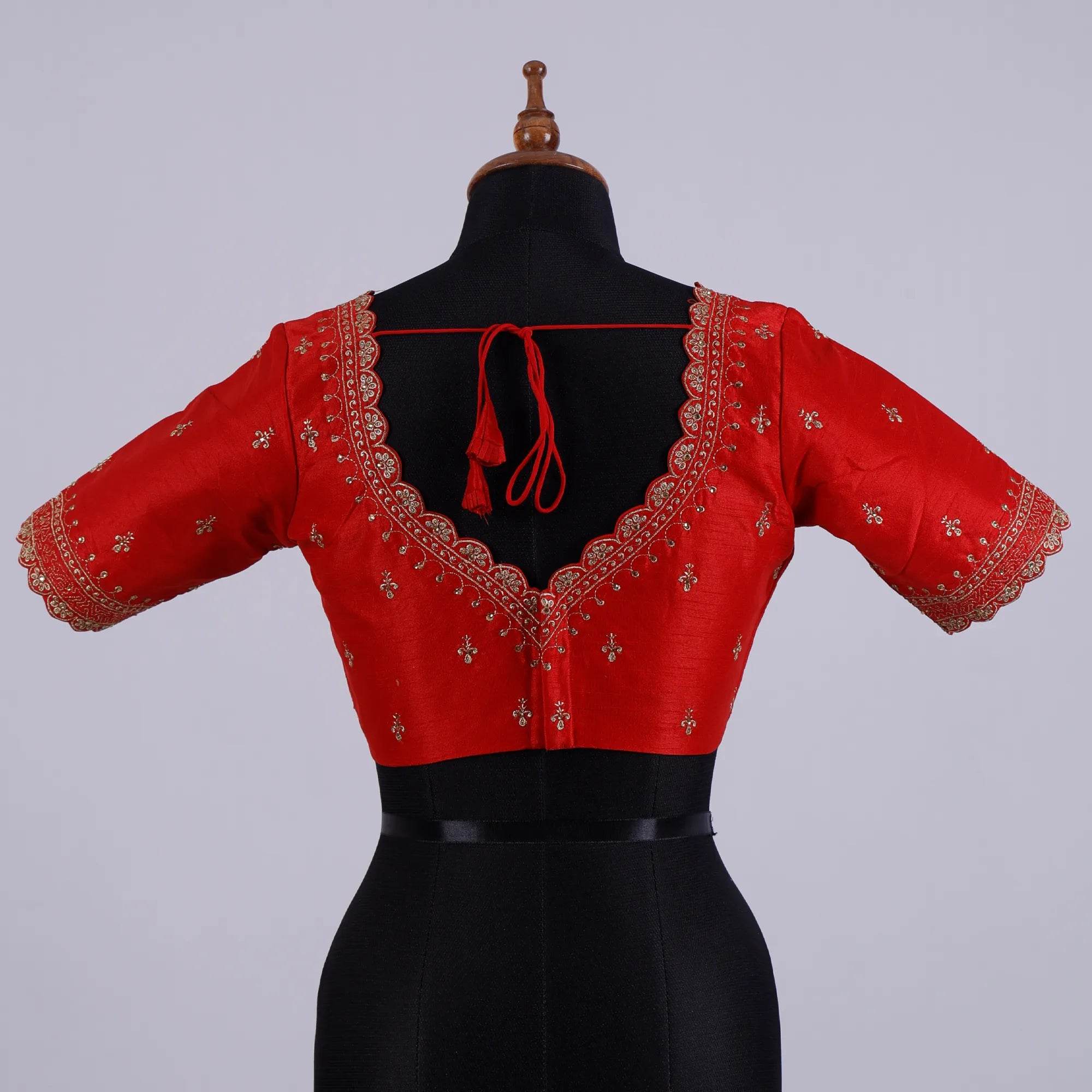 Red Silk Blouse with Zari Embroidery with Sweetheart Neck - Adi Akshoy & Co.