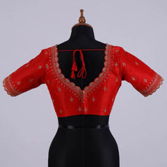 Red Silk Blouse with Zari Embroidery with Sweetheart Neck - Adi Akshoy & Co.