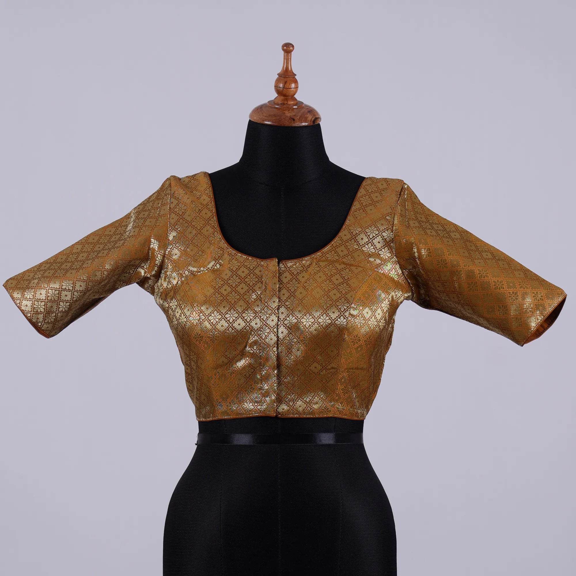 Brown Brocade Silk Blouse with Round Neck - Adi Akshoy & Co.
