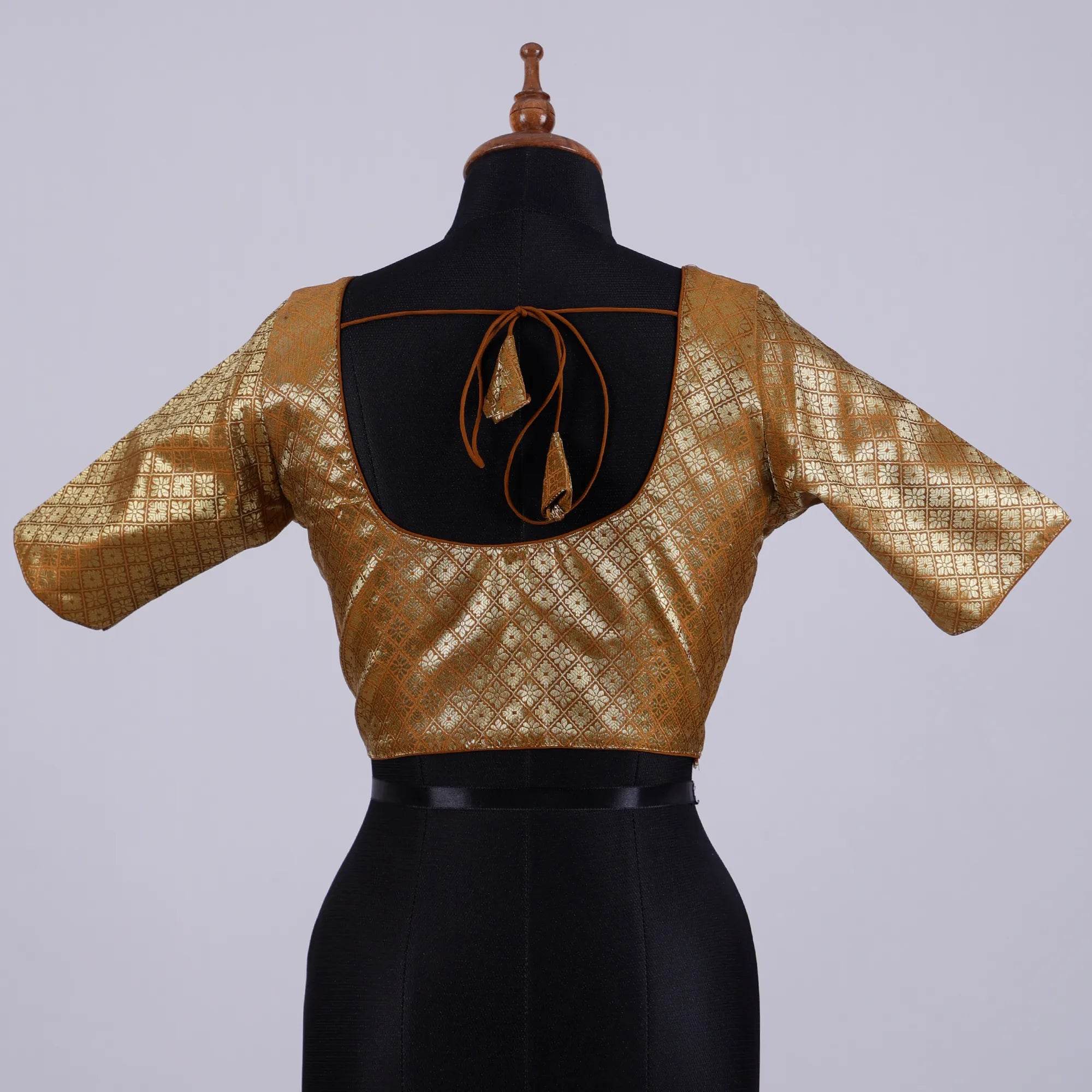 Brown Brocade Silk Blouse with Round Neck - Adi Akshoy & Co.