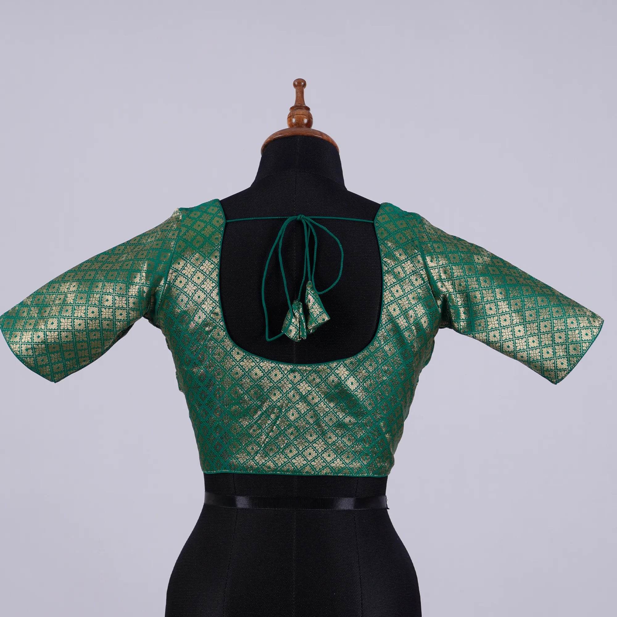 Green Brocade Silk Blouse with Round Neck - Adi Akshoy & Co.