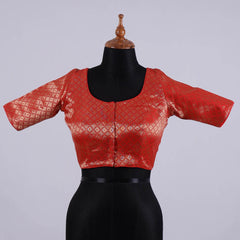 Red Brocade Silk Blouse with Round Neck - Adi Akshoy & Co.