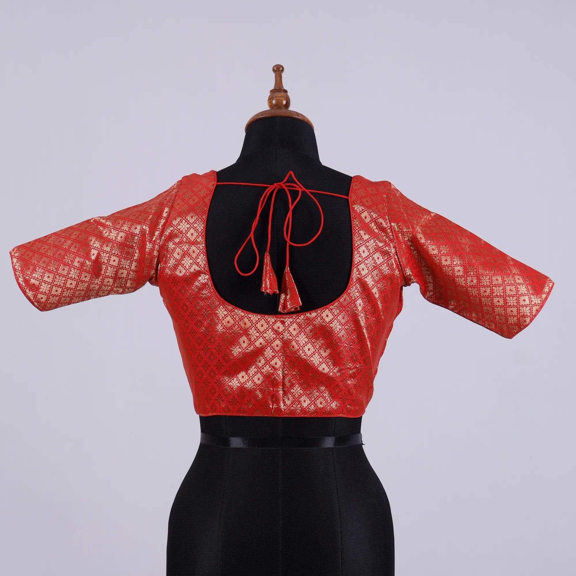 Red Brocade Silk Blouse with Round Neck - Adi Akshoy & Co.