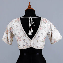 White Silk Blouse with Embroidery Work with Sweetheart Neck - Adi Akshoy & Co.