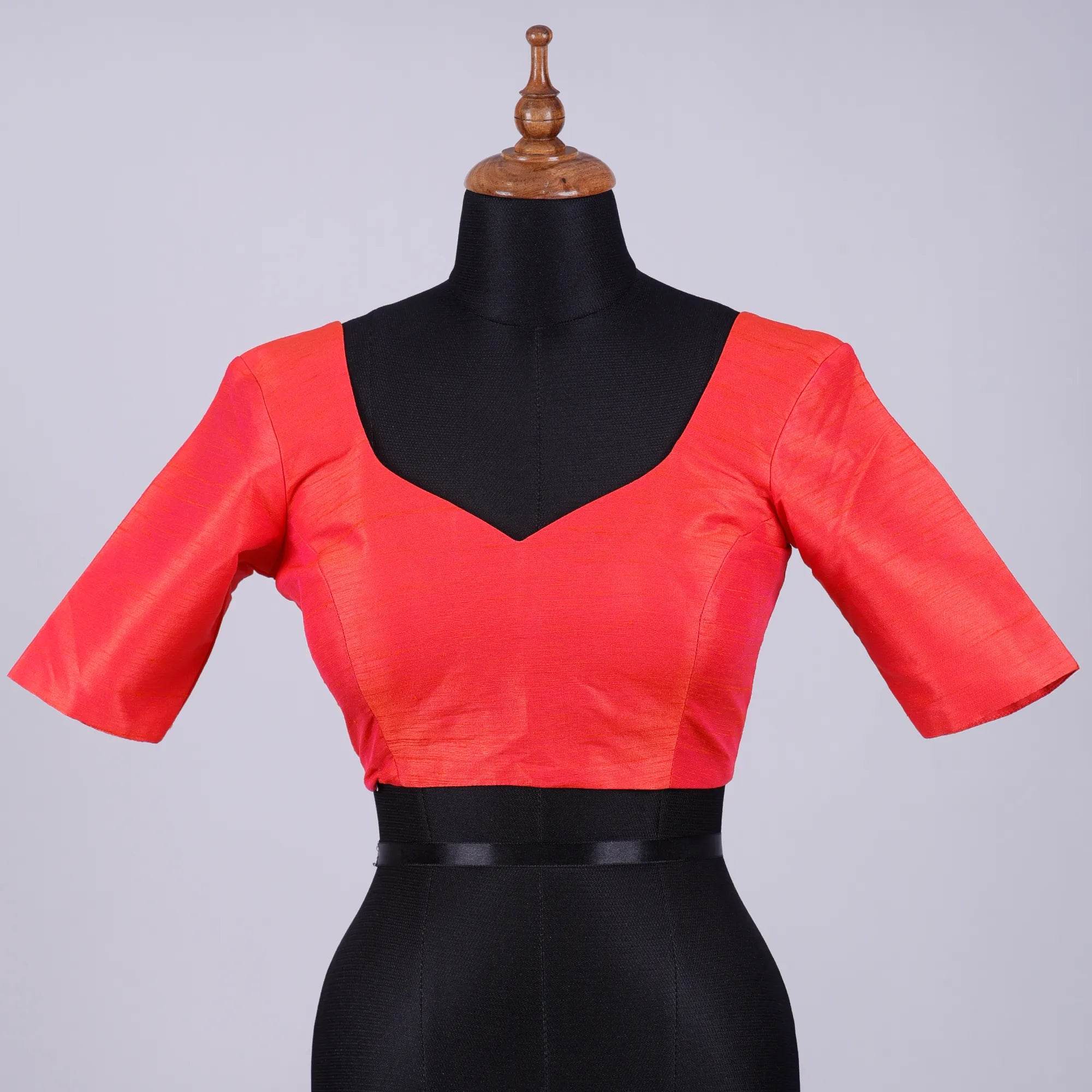 Dual Shades of Orange & Pink Silk Blouse with Sweetheat Neck - Adi Akshoy & Co.