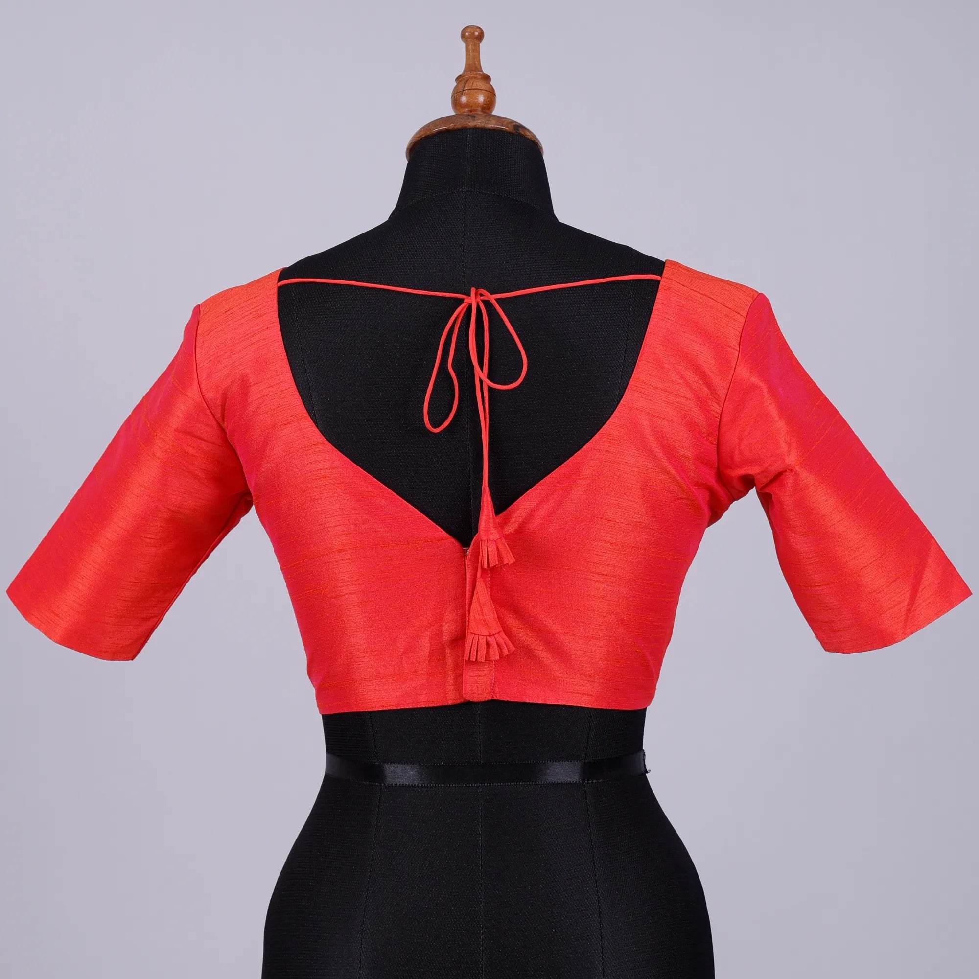 Dual Shades of Orange & Pink Silk Blouse with Sweetheat Neck - Adi Akshoy & Co.