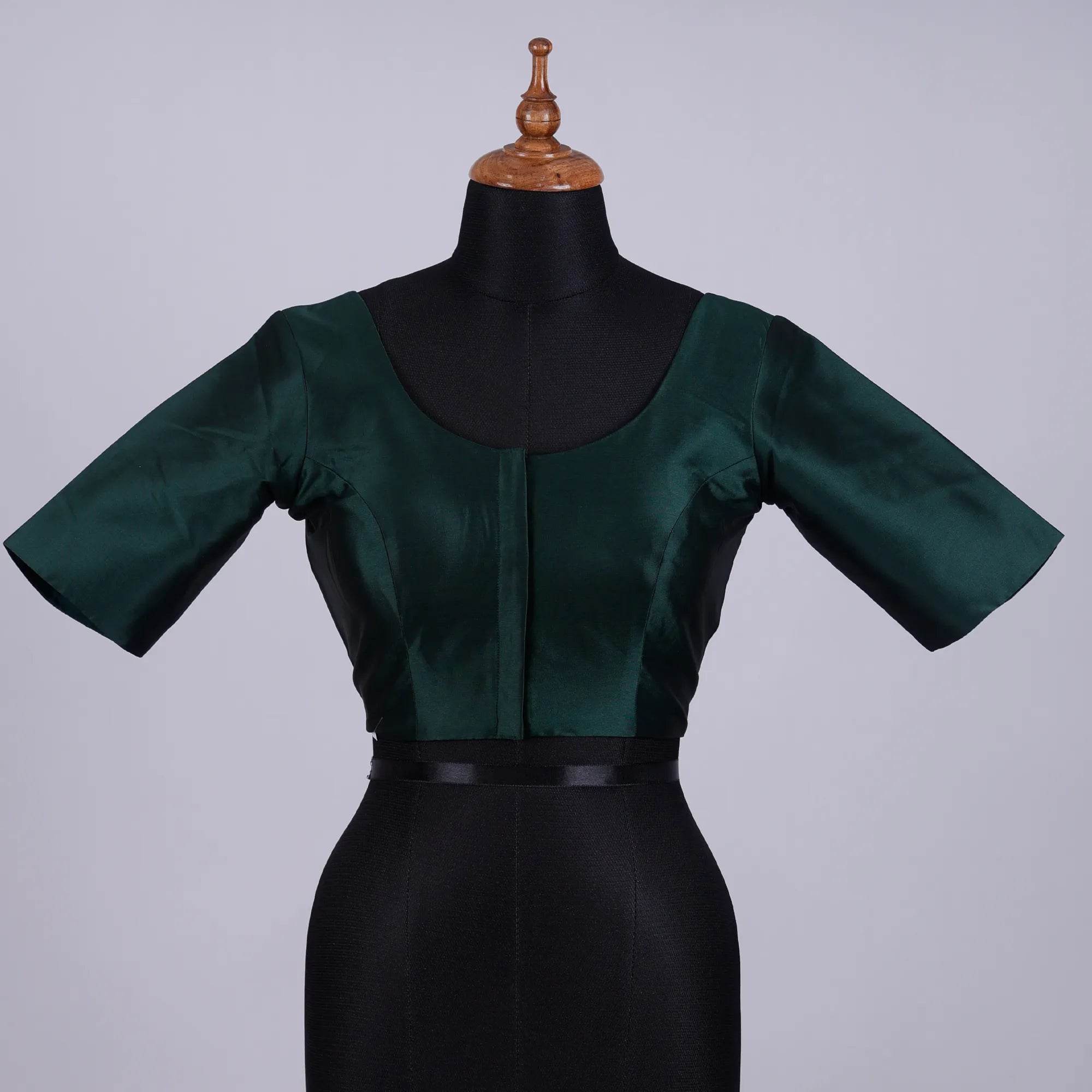 Bottle Green Silk Blouse with Round Neck - Adi Akshoy & Co.