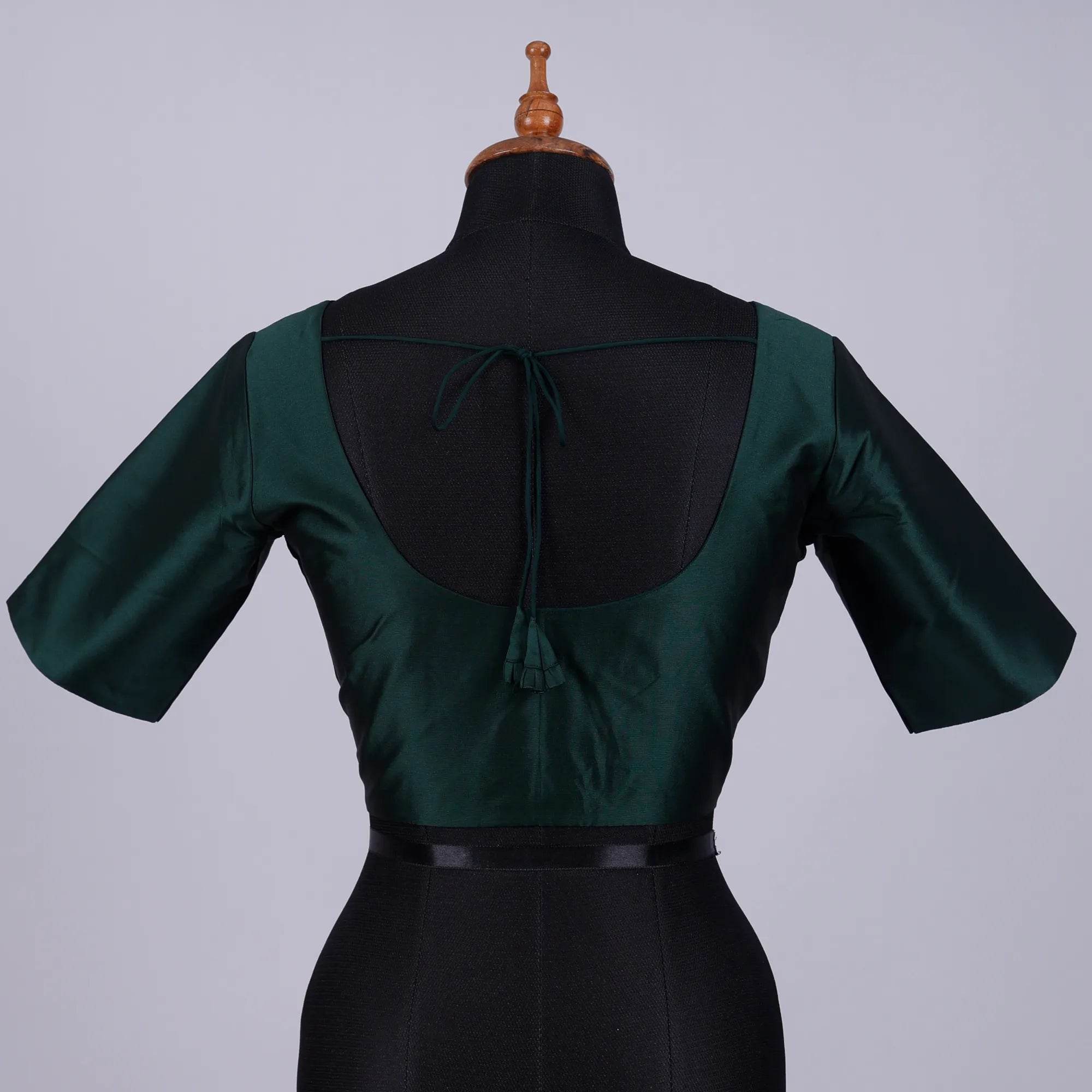 Bottle Green Silk Blouse with Round Neck - Adi Akshoy & Co.