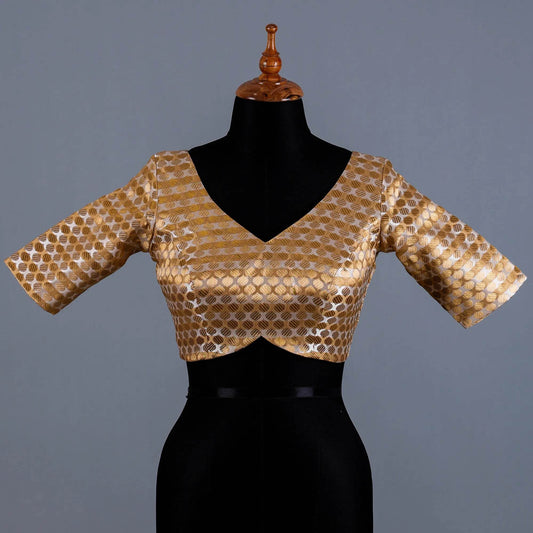 Golden Brocade Blouse with Sweetheart Neck - Adi Akshoy & Co.