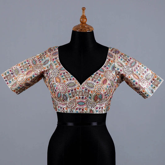 Off White Silk Blouse with Embroidery work with Sweetheart Neck - Adi Akshoy & Co.